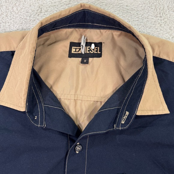 Diesel Mens Medium Colorblock Shirt Short Sleeve Casual Button Up Beige Navy GUC - Picture 2 of 6